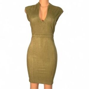 Privy Olive Green Faux Suede V-Neck Bodycon Midi Dress Womens Size M